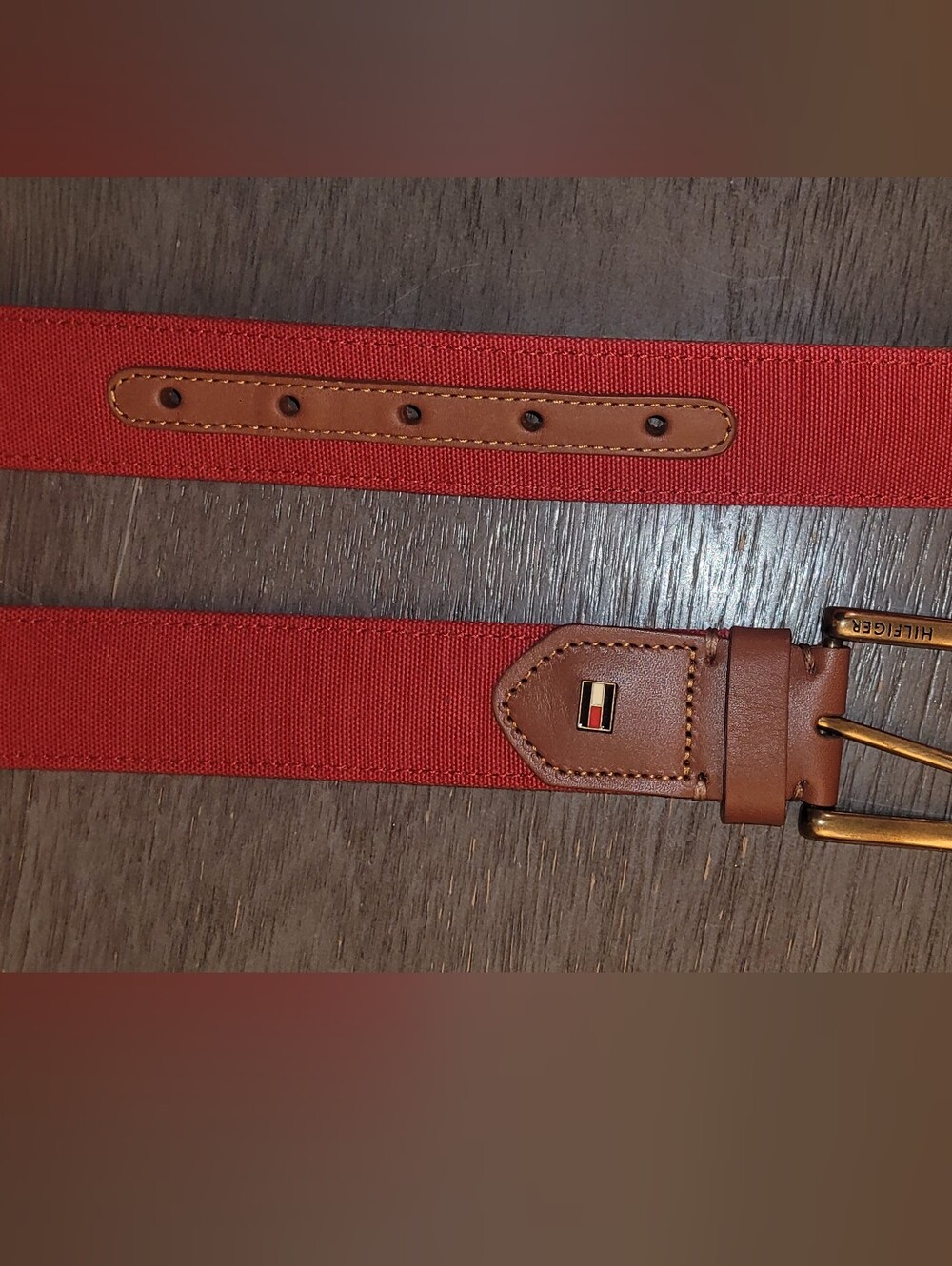 Tommy Hilfiger Red Webbing Belt with Brown Leather Trim